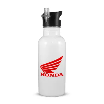 Honda, White water bottle with straw, stainless steel 600ml