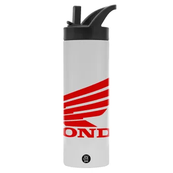 Honda, Metallic thermos bottle with straw & handle, stainless steel (Stainless steel 304), double-walled, 600ml.
