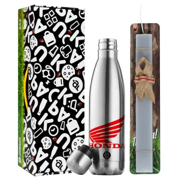 Honda, Easter Set, metallic stainless thermos flask (500ml) & scented flat Easter candle (30cm) (GRAY)