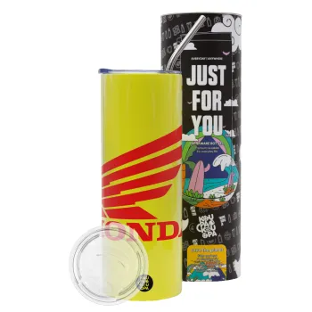 Honda, Neon Yellow Travel Tumbler θερμό, μεταλλικό καλαμάκι(Ανωξείδωτο 304 Food grade, BPA free, 600ml)