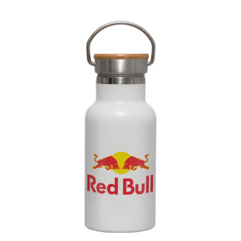 Redbull, Metallic thermos (Stainless steel) White with wooden lid (bamboo), double-walled, 350ml