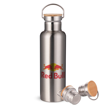 Redbull, Stainless steel Silver with wooden lid (bamboo), double wall, 750ml