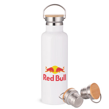 Redbull, Μεταλλικό παγούρι θερμός (Stainless steel) Λευκό με ξύλινο καπάκι (bamboo), διπλού τοιχώματος, 750ml