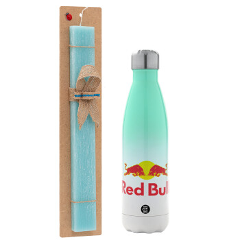 Redbull, Easter Set, Metallic green/white thermos (Stainless steel), double-walled, 500ml & scented flat Easter candle (30cm) (TURQUOISE)