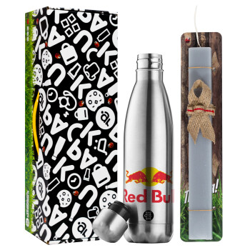 Redbull, Easter Set, metallic stainless thermos flask (500ml) & scented flat Easter candle (30cm) (GRAY)