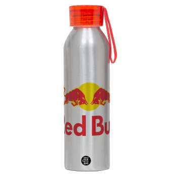 Redbull, Αλουμινένιο Αθλητικό Μπουκάλι 650ml – Ασημί με Κόκκινο Καπάκι και Λουράκι Σιλικόνης