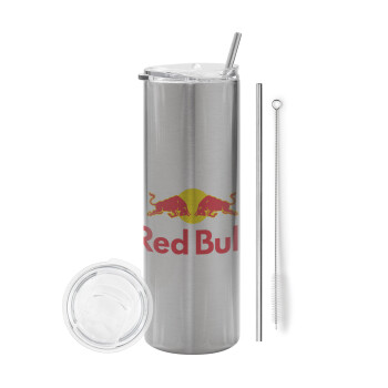 Redbull, Tumbler ποτήρι θερμό Ασημένιο από ανοξείδωτο ατσάλι 600ml, με μεταλλικό καλαμάκι & βούρτσα καθαρισμού