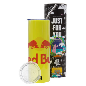 Redbull, Neon Yellow Travel Tumbler, with metal straw (Stainless steel 304 Food grade, BPA free, 600ml)
