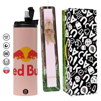 Redbull, Easter candle,Travel Tumbler 2 Lids, with metal straw & cleaning brush & aromatic flat candle (30cm) (PINK)