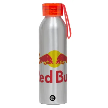 Redbull, Αλουμινένιο Αθλητικό Μπουκάλι 650ml – Ασημί με Κόκκινο Καπάκι και Λουράκι Σιλικόνης