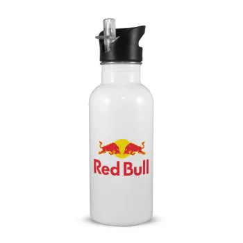 Redbull, White water bottle with straw, stainless steel 600ml