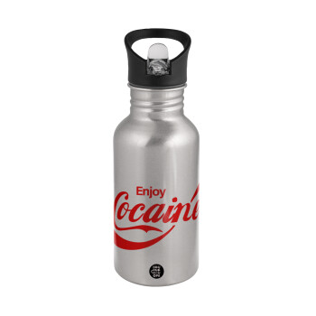 Enjoy Cocaine, Water bottle Silver with straw, stainless steel 500ml