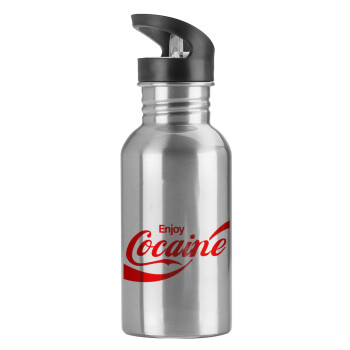Enjoy Cocaine, Water bottle Silver with straw, stainless steel 600ml