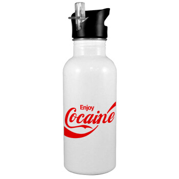 Enjoy Cocaine, White water bottle with straw, stainless steel 600ml