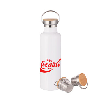 Enjoy Cocaine, Stainless steel White with wooden lid (bamboo), double wall, 750ml