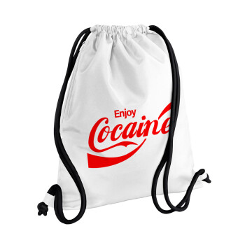 Enjoy Cocaine, Τσάντα πλάτης πουγκί GYMBAG λευκή, με τσέπη (40x48cm) & χονδρά κορδόνια