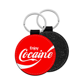 Enjoy Cocaine, Μπρελόκ Δερματίνη, στρογγυλό ΜΑΥΡΟ (5cm)