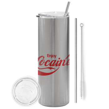 Enjoy Cocaine, Eco friendly stainless steel Silver tumbler 600ml, with metal straw & cleaning brush