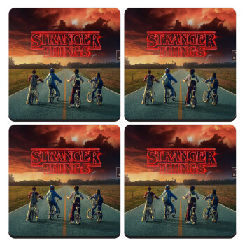 Stranger Things city, ΣΕΤ 4 Σουβέρ ξύλινα τετράγωνα (9cm)