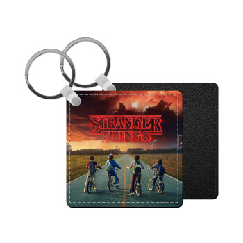 Stranger Things city, Μπρελόκ Δερματίνη, τετράγωνο ΜΑΥΡΟ (5x5cm)