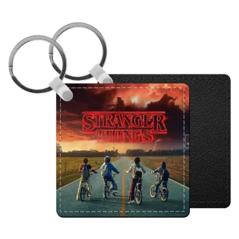 Stranger Things city, Μπρελόκ Δερματίνη, τετράγωνο ΜΑΥΡΟ (5x5cm)