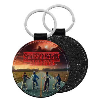 Stranger Things city, Μπρελόκ Δερματίνη, στρογγυλό ΜΑΥΡΟ (5cm)