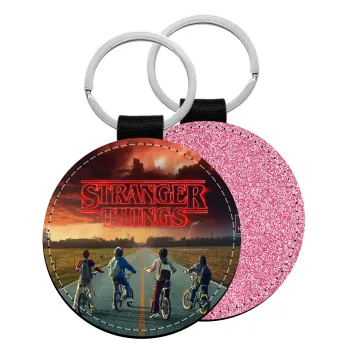 Stranger Things city, Μπρελόκ Δερματίνη, στρογγυλό ΡΟΖ (5cm)