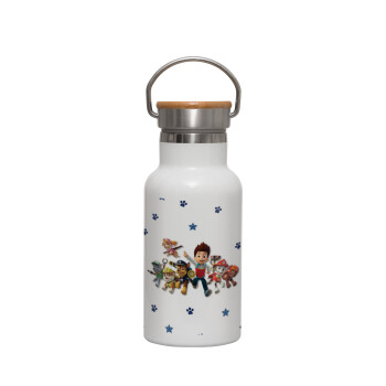 paw patrol, Μεταλλικό παγούρι θερμός (Stainless steel) Λευκό με ξύλινο καπακι (bamboo), διπλού τοιχώματος, 350ml
