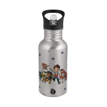 paw patrol, Water bottle Silver with straw, stainless steel 500ml