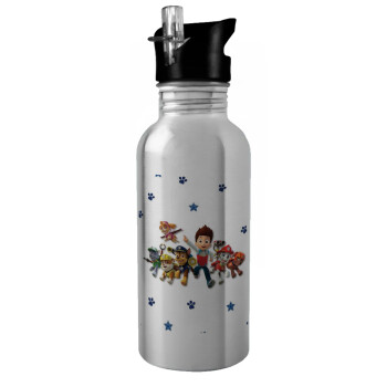 paw patrol, Water bottle Silver with straw, stainless steel 600ml