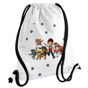 paw patrol, Backpack pouch GYMBAG white, with pocket (40x48cm) & thick cords