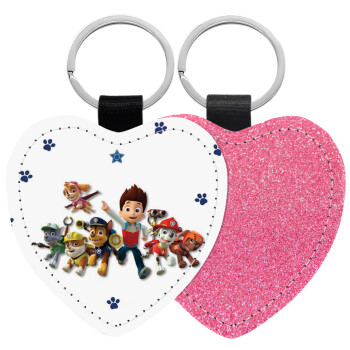 paw patrol, Μπρελόκ PU δερμάτινο glitter καρδιά ΡΟΖ