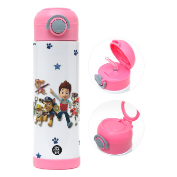 paw patrol, Παιδικό παγούρι θερμό, ανοξείδωτο, με καλαμάκι ασφαλείας, ΡΟΖ (500ml)