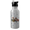 Water bottle Silver with straw, stainless steel 600ml