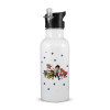 White water bottle with straw, stainless steel 600ml