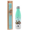 Easter Set, Metallic green/white thermos (Stainless steel), double-walled, 500ml & scented flat Easter candle (30cm) (TURQUOISE)