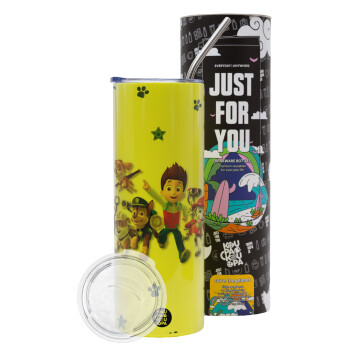 paw patrol, Neon Yellow Travel Tumbler, with metal straw (Stainless steel 304 Food grade, BPA free, 600ml)