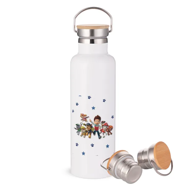 paw patrol — Stainless steel White with wooden lid (bamboo), double wall, 750ml