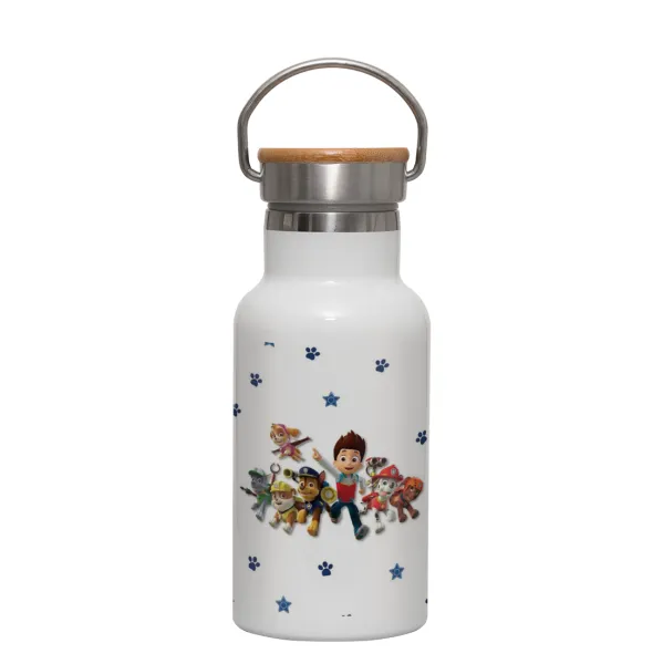 paw patrol — Metallic thermos (Stainless steel) White with wooden lid (bamboo), double-walled, 350ml