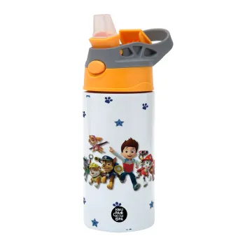 paw patrol, Παιδικό παγούρι θερμό, ανοξείδωτο, με καλαμάκι ασφαλείας, Πορτοκαλί/Γκρι (360ml) BPA-FREE