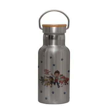 paw patrol, Stainless steel metallic thermos flask, silver with a bamboo lid, double-walled, 350ml.