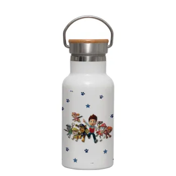 paw patrol, Metallic thermos (Stainless steel) White with wooden lid (bamboo), double-walled, 350ml