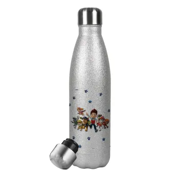 paw patrol, Metallic Glitter Silver Thermos Flask (Stainless steel), double-walled, 500ml