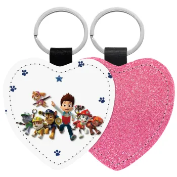 paw patrol, Μπρελόκ PU δερμάτινο glitter καρδιά ΡΟΖ