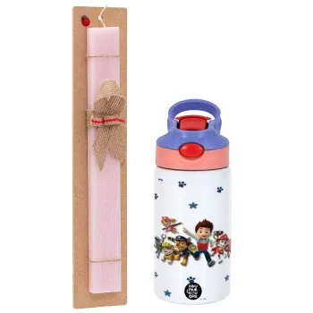 paw patrol, Easter Set, Children's thermal stainless steel water bottle with safety straw, pink/purple (350ml) & Easter scented flat candle (30cm) (PINK)