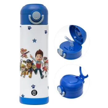 paw patrol, Παιδικό παγούρι θερμό, ανοξείδωτο, με καλαμάκι ασφαλείας, ΜΠΛΕ (500ml)