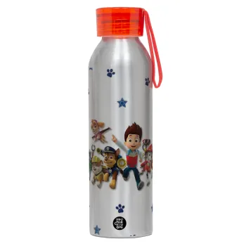 paw patrol, Αλουμινένιο Αθλητικό Μπουκάλι 650ml – Ασημί με Κόκκινο Καπάκι και Λουράκι Σιλικόνης