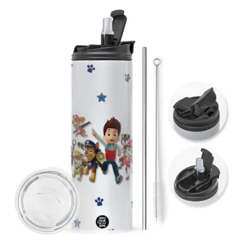 paw patrol, Travel Tumbler θερμό με διπλό καπάκι, μεταλλικό καλαμάκι και βούρτσα καθαρισμού (Ανωξείδωτο 304 Food grade, BPA free, 600ml)