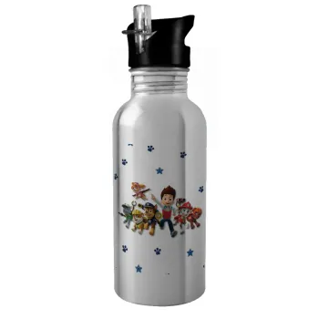 paw patrol, Water bottle Silver with straw, stainless steel 600ml