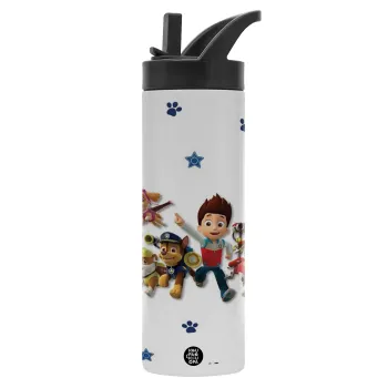 paw patrol, Metallic thermos bottle with straw & handle, stainless steel (Stainless steel 304), double-walled, 600ml.
